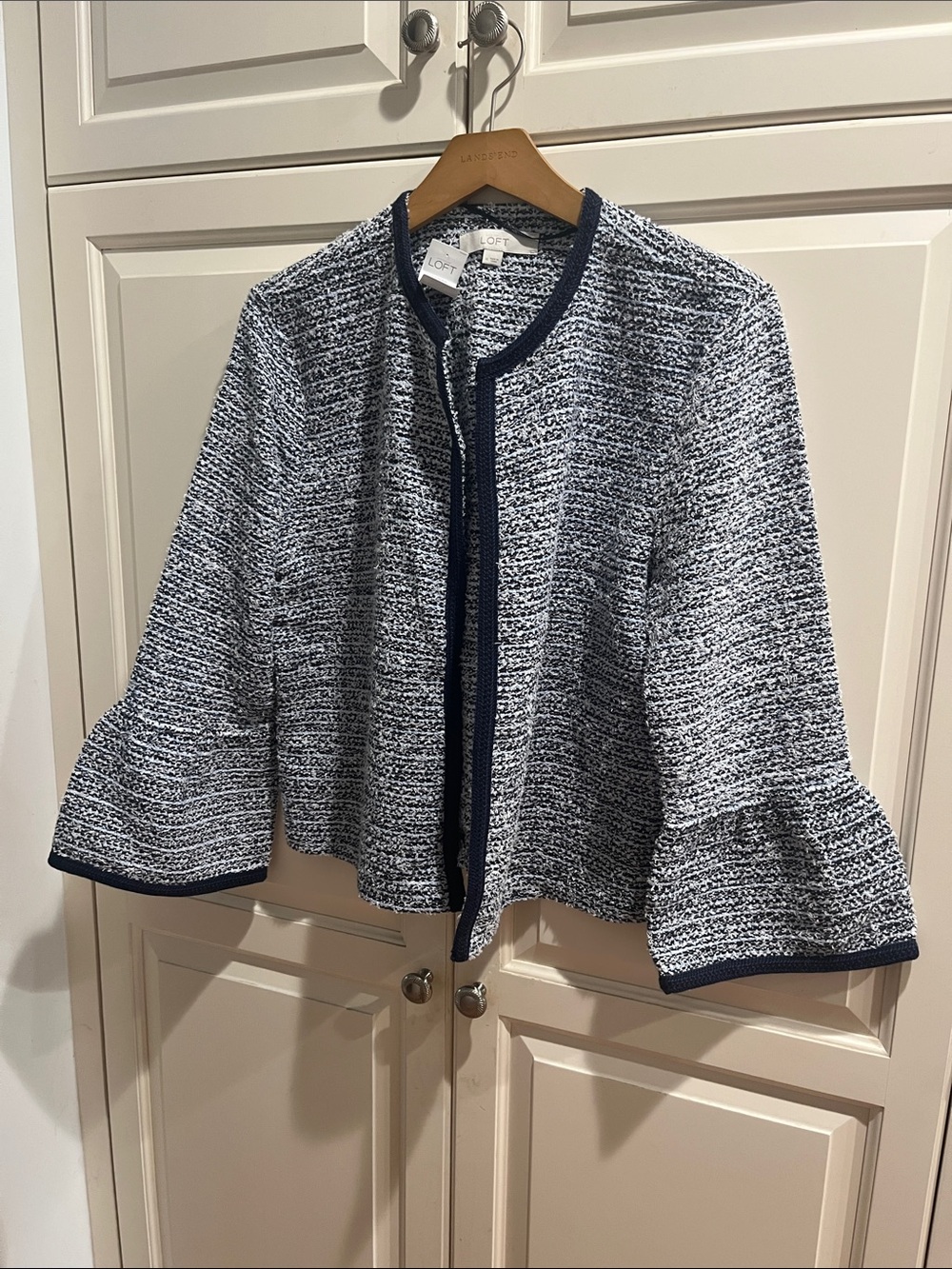 LOFT Navy & White Tweed Ruffle-Sleeve Cropped Jacket